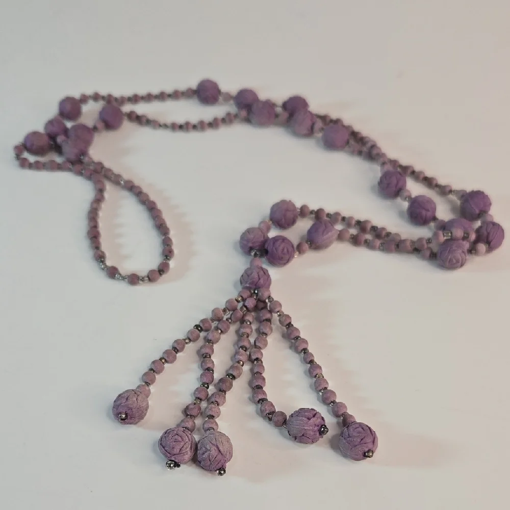 Vintage Crushed-Rose Petal Lavender Bead Necklace Tassel Flapper Victorian